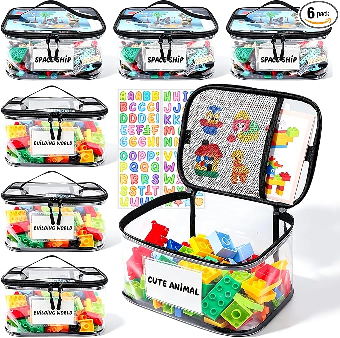 Tesuko 6 Pack Clear Toy Storage Bag with Name Tag& Manual Pocket, Waterproof Transparent PVC Toy Organizer Case for Lego Bricks, Board Games, Building Blocks, Puzzles (Large Capacity, Black) by Tesuko