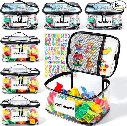 Tesuko 6 Pack Clear Toy Storage Bag with Name Tag& Manual Pocket, Waterproof Transparent PVC Toy Organizer Case for Lego Bricks, Board Games, Building Blocks, Puzzles (Large Capacity, Black) by Tesuko