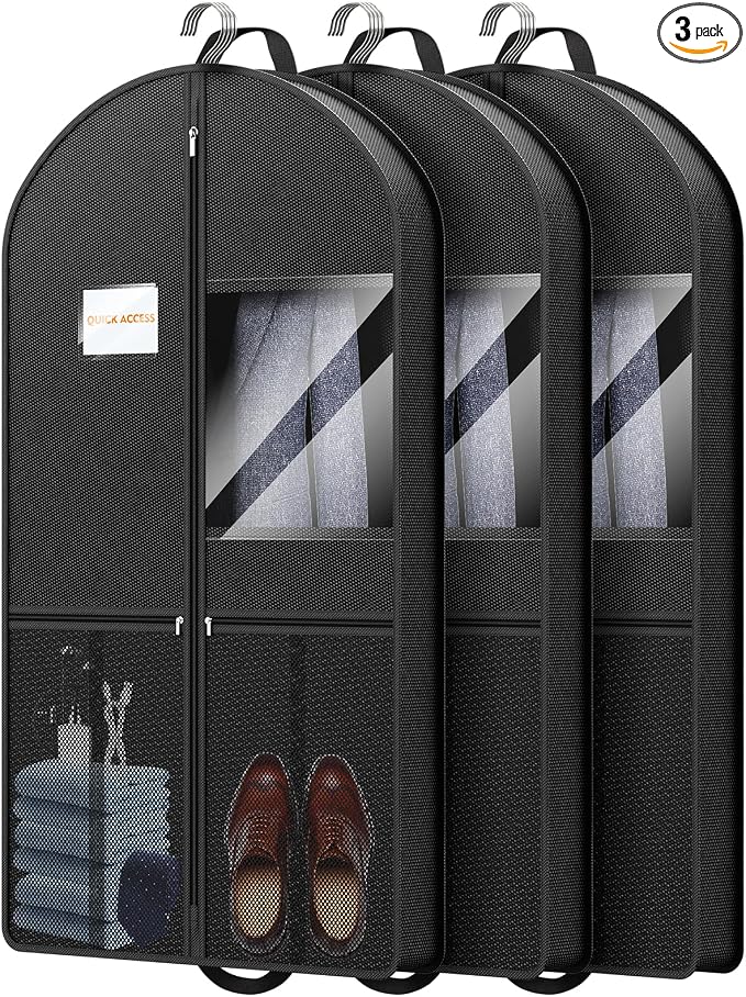 Garment Bag Travel Suit Storage: 43 Inch 3 Packs Fabric Breathable Zippered - Clothes Covers Carry Shoe Pockets Lightweight - Men Travel Wardrobe Protector Hanging Up Multiple by Unknown