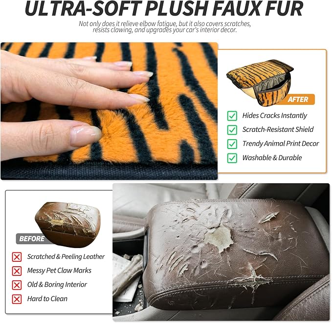 Plush Animal Print Car Center Console Cover with Side Pockets, Fluffy Armrest Cushion Pad.,Soft Car Interior Accessories with Storage for Women. Universal Fit for Vehicles SUV Truck (Tiger Print) - Image 5