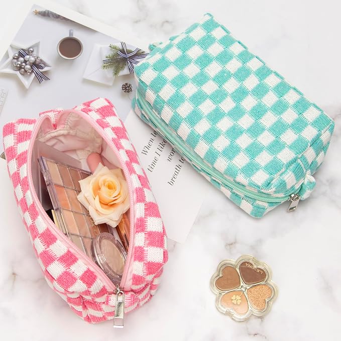 PAZIMIIK Checkered Makeup Bag for Purse, Small Travel Cosmetic Pouch,Pink | Cute Zipper Makeup Organizer for Women, Travel Essentials, Toiletries, Makeup Brushes, Beauty Accessories&Bridesmaid Gifts - Image 2
