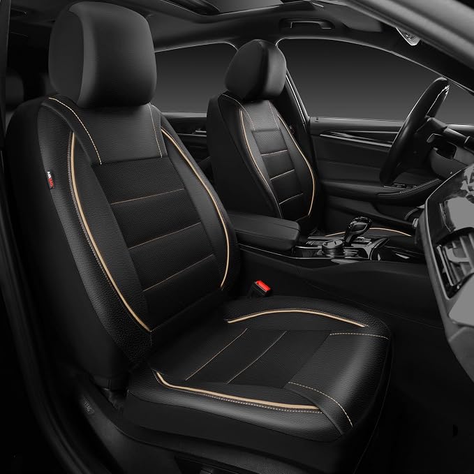 CAR PASS Universal FIT Piping Leather Two Front Seat Covers, Waterproof Faux Leather for SUV Sedan Van Truck, Airbag Compatible,Reserved Opening Holes for Headrest Covers. (Black and Beige) by CARPASS