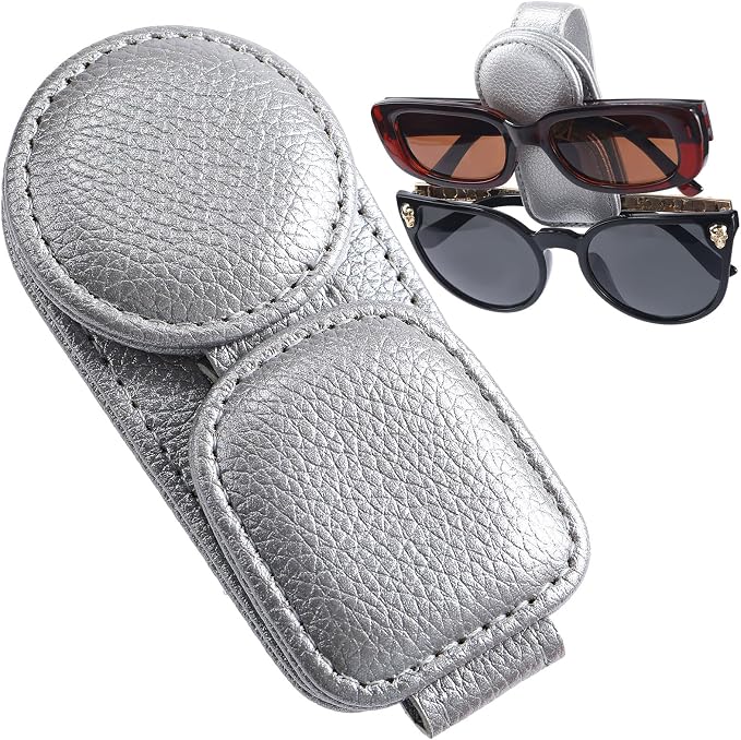 Konohan Sunglasses Holder for Car Visor Leather Eyeglass Hanger Magnetic Sunglasses Holder with 2 Clips(Silver Pearl) by Konohan