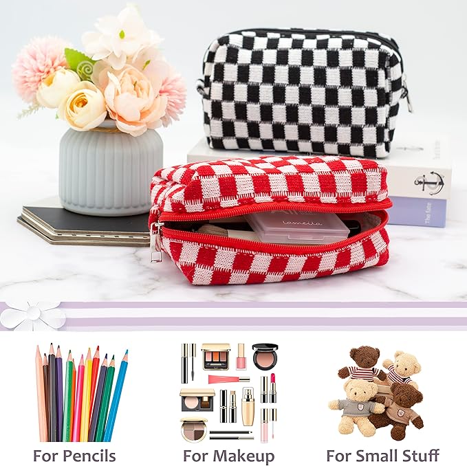PAZIMIIK Checkered Makeup Bag for Purse, Small Travel Cosmetic Pouch,Red | Cute Zipper Makeup Organizer for Women, Travel Essentials, Toiletries, Makeup Brushes, Beauty Accessories&Bridesmaid Gifts - Image 2