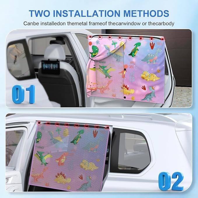 Car Window Shades, [Upgraded] 8 Strong Magnets Magnetic Side Window Sun Shade [2 Pack] - Dual Layer UV Ray Protection Car Sunshade for Baby, Kids & Pets.Dinosaur Cartoon - Image 4