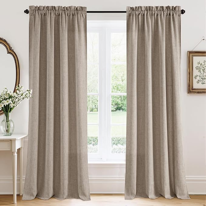 RYB HOME Linen Sheer Curtains 95 inches Long for Living Room | Breathable, Weave Textured, Rod Pocket, Semi Sheer, Oatmeal, for Dining Room, W52 x L95, 2 Panels Set by RYBHOME