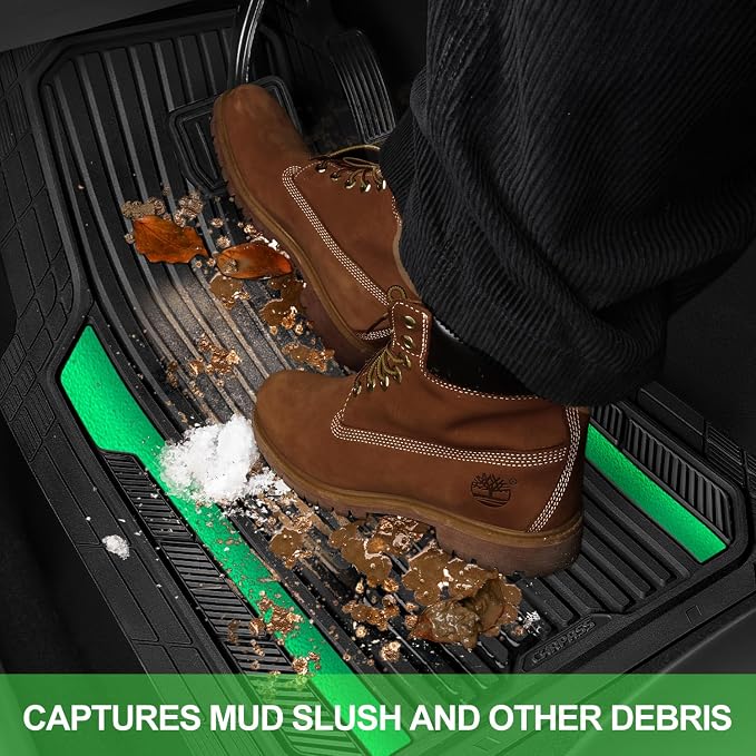 CAR PASS Heavy Duty Rubber Car Mats Metallic,Aluminum Film All Weather Floor Mats Waterproof Universal Trim to Fit SUVs Sedans Vans 4 Piece Anodized Deep Dish Two-Tone Sporty Black Green Chrome - Image 7