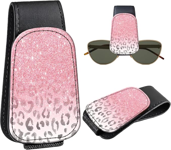 Leather Magnetic Sunglass Holder for Car Sun Visor, Cute Eyeglass Ticket Card Hanger Clip, Universal Auto Interior Accessories for SUV Pickup Truck, Pink Leopard by Unknown