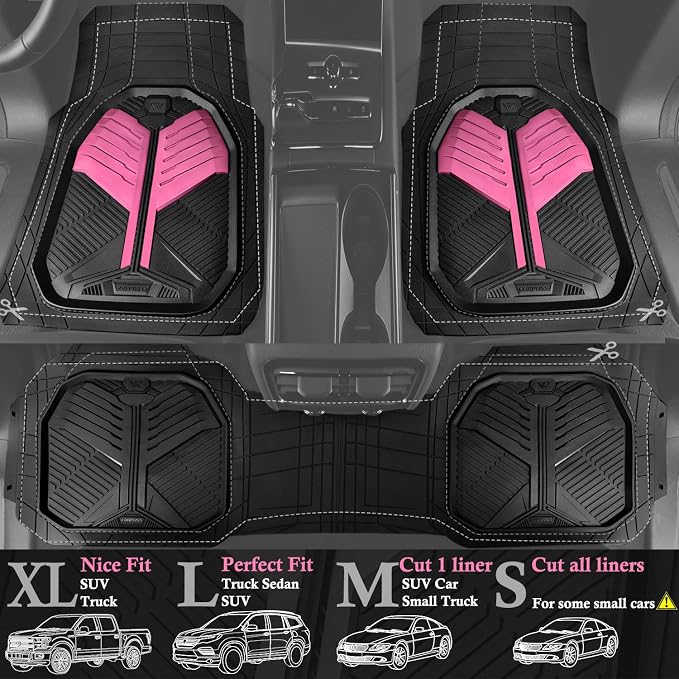 CAR PASS Heavy Duty Rubber Car Mats, Deep Dish Car Floor Mats All Weather, Car Mats Full Set 3-Piece Trim to Fit for Sedans SUVs Trucks,Women Waterproof Anti-Slip Automotive Mats, V12 Black and Pink - Image 2