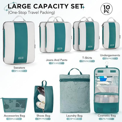 OlarHike 10 Set Compression Packing Cubes for Travel Essentials,Compressible Expandable Space Saver Bags for Organizing Clothes,Luggage Garment Bags with Over 1000 pcs Mesh Holes(Dark Blue Green) - Image 2