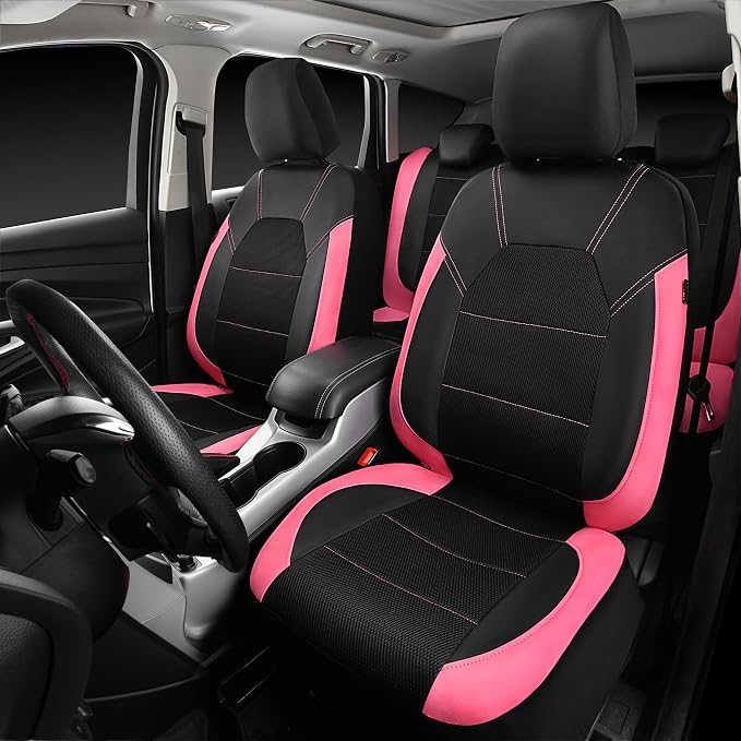 CAR PASS Leather Seat Covers, Breathable Universal Car Seat Cover Full Set for Cute Women Girly,Super 5mm Composite Sponge Inside,Airbag Compatible fits Most Auto,SUVs,Trucks,Vans(Black&Pink) - Image 2