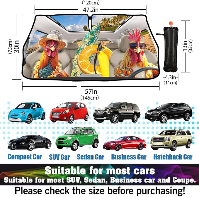 Socira Funny Rooster Chicken Car Windshield Sunshade Umbrella Foldable | Umbrella Sun Shade Windshield Cover Sunshade Car Accessories Blocks Uv Rays Keeps Cool (57" X 30") - Image 3