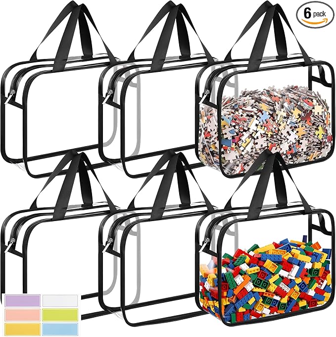 Toy Storage Bags 6 Pack, Clear PVC Toy Organizers, Black | Waterproof PVC, Large 30 x 10 x 22 CM Size, Label-Ready, For Toys, Books, Puzzles, Classroom and Travel by Dntorx