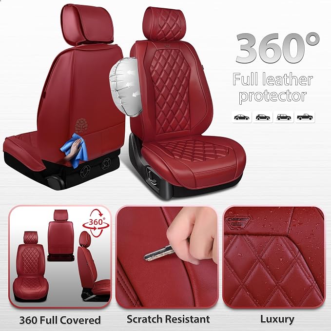 CAR PASS Burgundy Red Luxury Nappa Leather Seat Covers Front, 2 piece | 3D Rhombus Waterproof Leather Front Seat Covers, Universal Automotive Seat Cushion Fit for Sedan SUV Truck, Airbag Compatible - Image 5