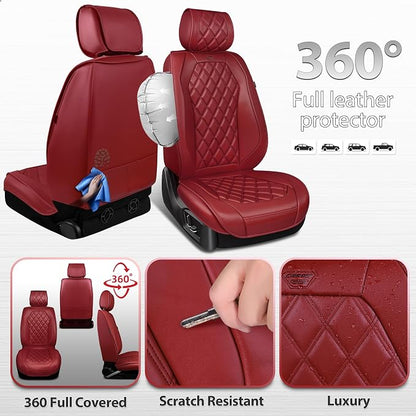CAR PASS Burgundy Red Luxury Nappa Leather Seat Covers Front, 2 piece | 3D Rhombus Waterproof Leather Front Seat Covers, Universal Automotive Seat Cushion Fit for Sedan SUV Truck, Airbag Compatible - Image 5