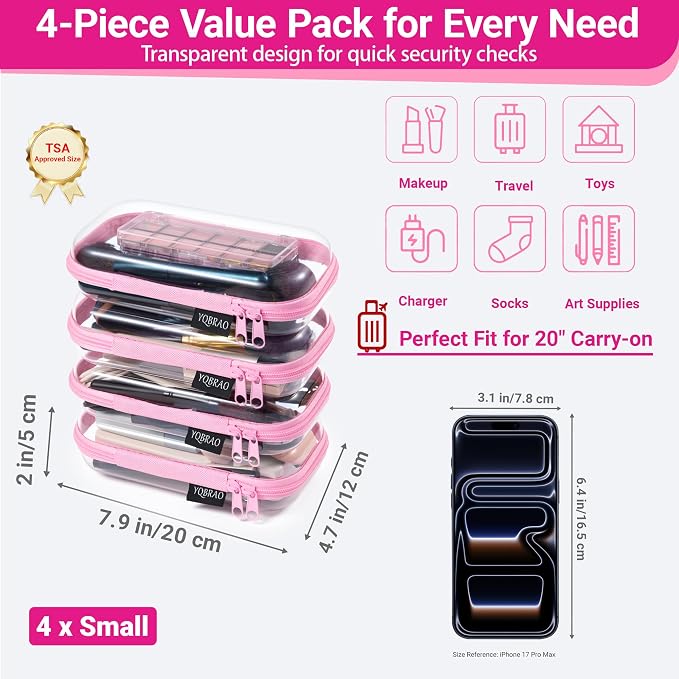 YQBRAO Clear Hard Shell Zipper Cases, 4 Small Cable Organizers, Pink | Rigid 1.2 mm PET and YKK dual zippers for cosmetics, charging cords, pens and travel accessories - Image 4