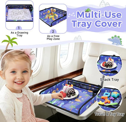 COOLBEBE Airplane Tray Table Cover, Foldable Travel Tray Cover | for Toddlers 1-3, Universal Fit for Airplane, Car Seat, High Chair, Machine Washable, Portable, Blue Dinosaur - Image 4