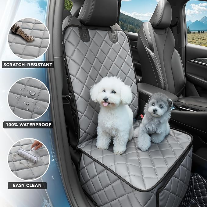 Car Front Seat Cover,PU Leather Car Seat Protector for Dogs & Humans,Grey | Waterproof,Nonslip,Anti-Scratch,Heavy-Duty Front Passenger seat Covers Fits for Cars, Trucks, SUVs,Minivans - Image 3