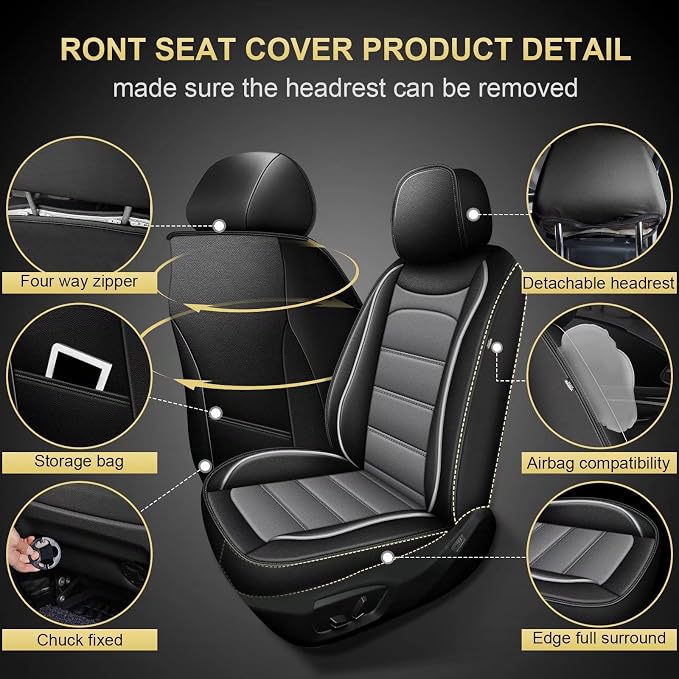 IKABEVEM Car Seat Covers Fit for Acura TL 2004-2014: Luxury Leather Automotive Front Seat Covers Car Seat Protector(2PCS Front, Black&Grey) - Image 2