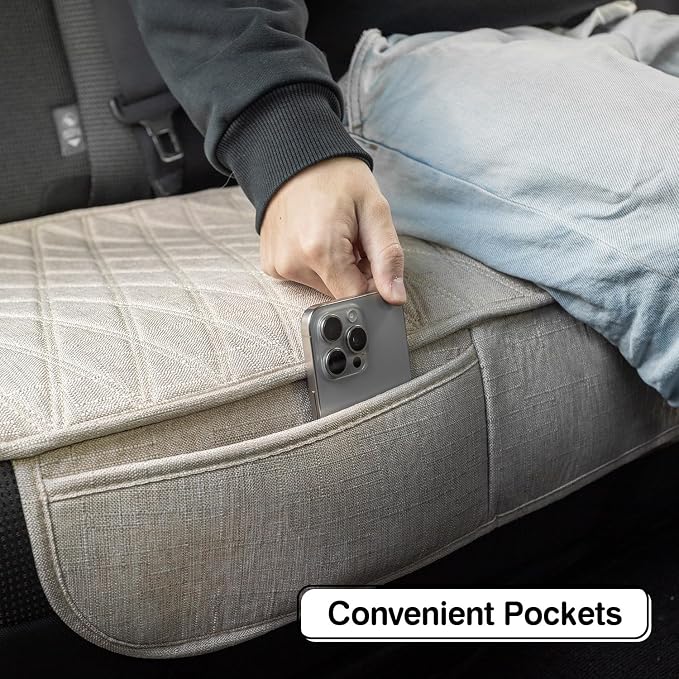 Leader Accessories Faux Linen Rear Bench Seat Cover, Size S, Beige | Breathable Back Seat Protector With Non-Slip Bottom, Diamond Stitched Bench Seat Cushion for Vehicles Cars Van SUV Truck - Image 3