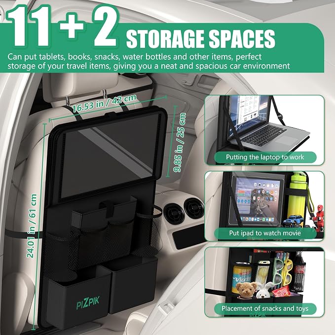 Car Backseat Organizer with Tray(1Pack),13Storage Pockets with Foldable Food Tray, Protector Kick Mats for Kids, Travel Accessories Organizer (Black) - Image 2