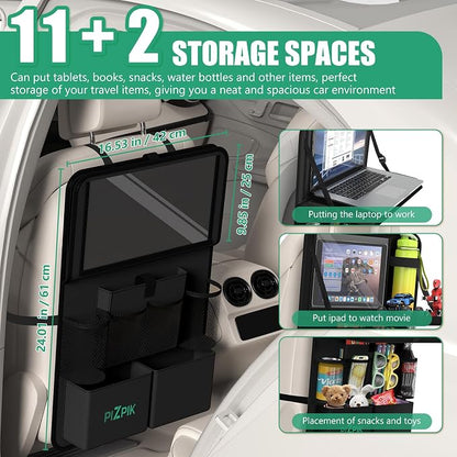Car Backseat Organizer with Tray(1Pack),13Storage Pockets with Foldable Food Tray, Protector Kick Mats for Kids, Travel Accessories Organizer (Black) - Image 2