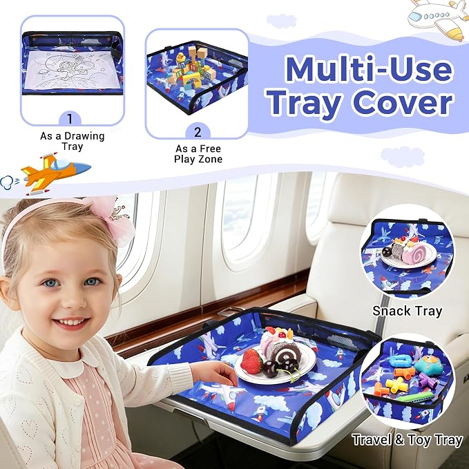 COOLBEBE Airplane Tray Table Cover, Foldable Travel Tray Cover | for Toddlers 1-3, Universal Fit for Airplane, Car Seat, High Chair, Machine Washable, Portable, Blue Plane - Image 4