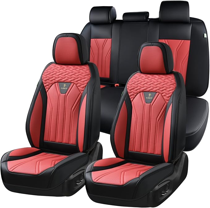 Leather Seat Covers, Car Seat Covers Full Set, Car Seat Protectors 5 Seats, Automotive Seat Covers Driver Seat Covers Fit for Most Cars Trucks SUV-Black&Burgundy by FLORICH