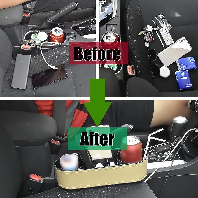 IOKONE Console Side Pocket, Cup Holder for Car, Easy Install, Slim Beige | PU Leather Cover, Dual Cup Holders, Car Seat Gap Filler Organizer, Side Pocket Storage, Universal Fit, Car Coin Holder - Image 8