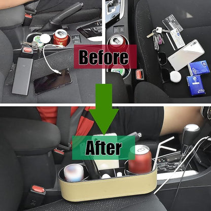 IOKONE Console Side Pocket, Cup Holder for Car, Easy Install, Slim Beige | PU Leather Cover, Dual Cup Holders, Car Seat Gap Filler Organizer, Side Pocket Storage, Universal Fit, Car Coin Holder - Image 8