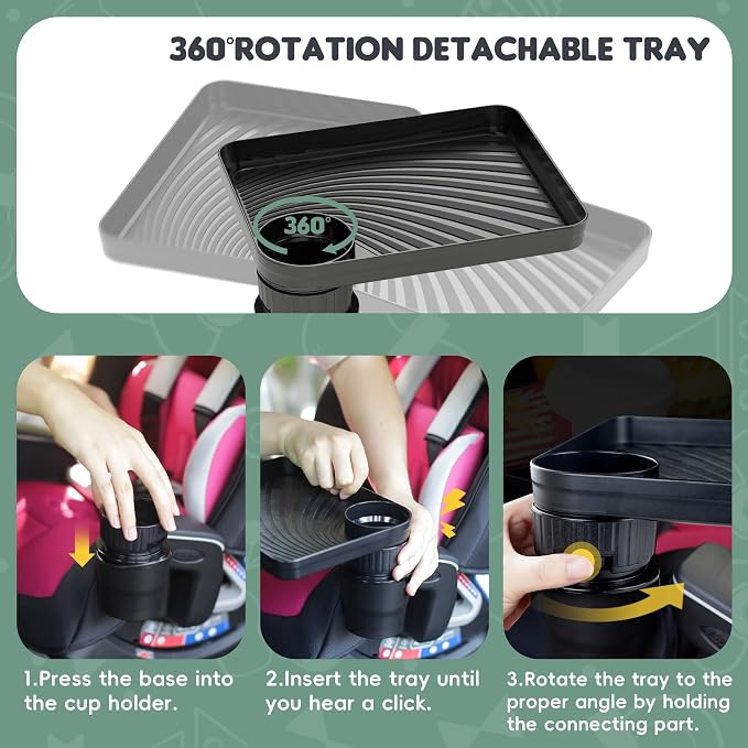 2 Pack Car Seat Tray for Kids Fits 2.8'-3.2'Cup Holders (2, Standard Base) | 360°Rotated, Expandable Base, Large Tray for Toys/Books/Snacks, Durable and Safe Material, Kids Travel Essentials - Image 5