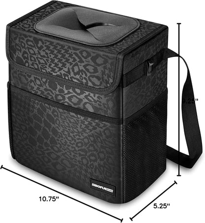 SIBOFUEGO Cute Car Trash Can with Lid – Multipurpose Collapsible Trash Bin for Car, Leak-Proof Organizer, Waterproof Garbage Can with Storage Pockets & Adjustable Straps, 2 Gallons (Black Leopard) - Image 7