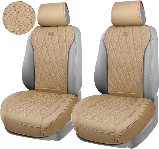 CAR PASS Luxury Nappa Leather Front Car Seat Covers, Sideless Car Seat Protectors with Storage Pocket, Non-Slip Automotive Seat Cover for Cars Trucks SUV, Airbag Compatible, 2 Pack (Beige) - Image 2