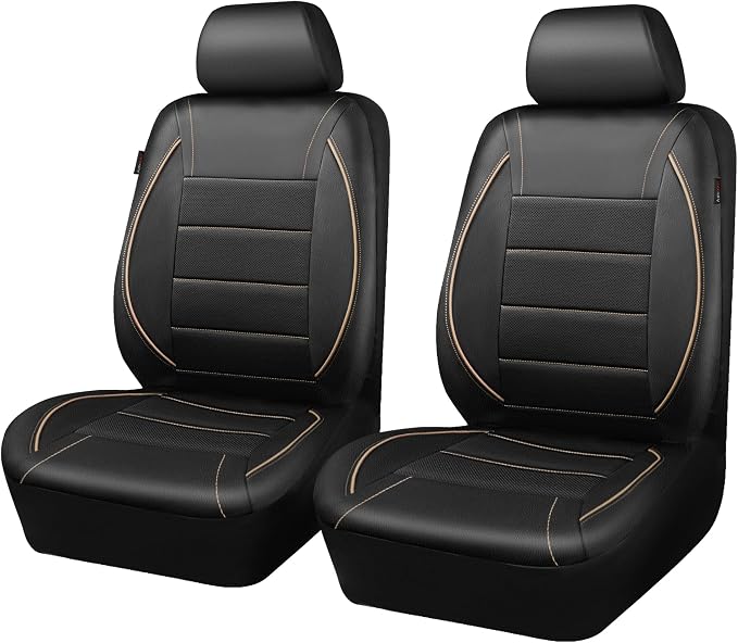 CAR PASS Universal FIT Piping Leather Two Front Seat Covers, Waterproof Faux Leather for SUV Sedan Van Truck, Airbag Compatible,Reserved Opening Holes for Headrest Covers. (Black and Beige) - Image 9