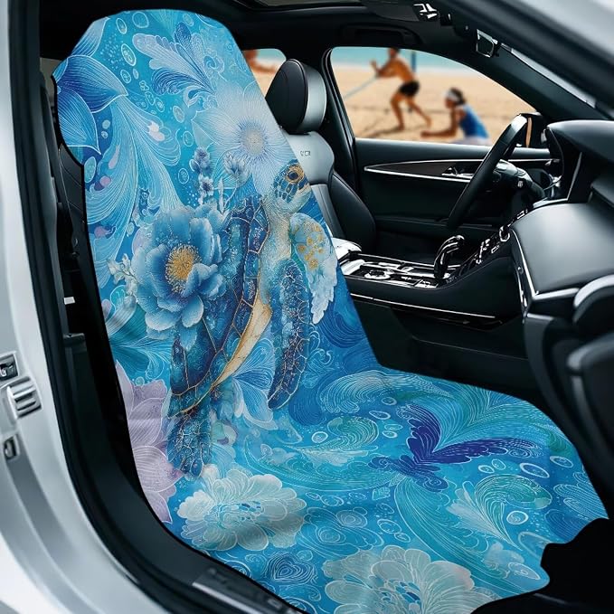Sea Turtle Flowers Car Towel Seat Cover Soft Washable Car Seat Cover Protector Fashion Easy to Installation for Cars, Trucks, Sedans, Vans, SUVs - Image 2