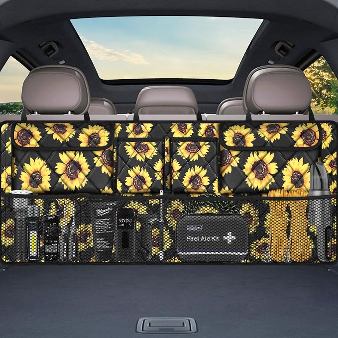 Femuar Car Trunk Organizer,Large Capacity Backseat Organizer(42 in*18 in),Collapsible Storage Bag with 8 Pocekt,Car Organizer for SUV/MPV/Truck - Sunflower TLAG-0114 - Image 7