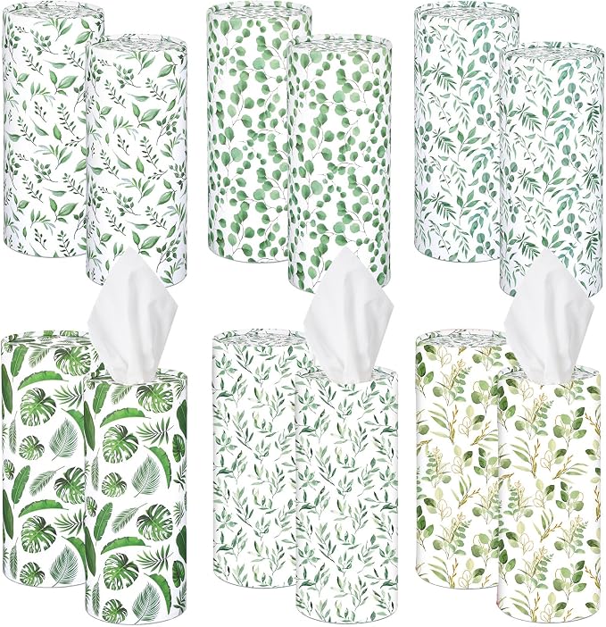 Outus 12 Pcs Eucalyptus Leaves Car Tissues Cylinder Holder with 3 Ply Facial Tissue Bulk Round Tissue Holder Travel Tissues Boxes Container for Car Cup Wedding Birthday Party by Outus