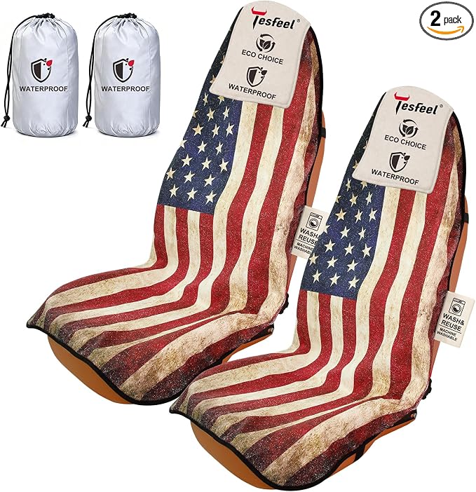2 Pack American Flag Car Seat Cover Towel, Waterproof Sweat Protector for Gym Post-Workout & Beach, Universal Fit for Sedans SUV Minivan, Machine Washable Non-Slip Bucket Seat Mat by TESFEEL