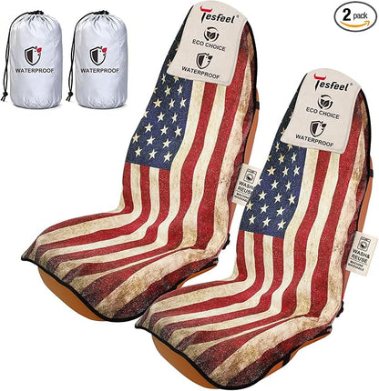 2 Pack American Flag Car Seat Cover Towel, Waterproof Sweat Protector for Gym Post-Workout & Beach, Universal Fit for Sedans SUV Minivan, Machine Washable Non-Slip Bucket Seat Mat by TESFEEL