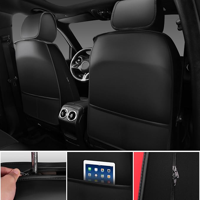 CAR PASS Nappa Leather Car Seat Covers Full Set, Luxury Seat Protector for Cars, Waterproof Anti-Slip Seat Cushion Armrest Compatible Airbag Universal for Sedan SUV Pick-up Truck Auto, Black Red - Image 3