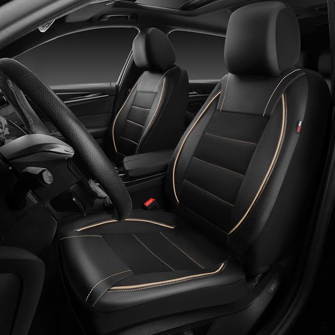 CAR PASS Universal FIT Piping Leather Two Front Seat Covers, Waterproof Faux Leather for SUV Sedan Van Truck, Airbag Compatible,Reserved Opening Holes for Headrest Covers. (Black and Beige) - Image 4