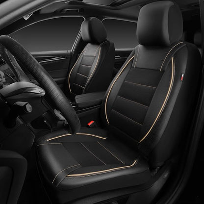 CAR PASS Universal FIT Piping Leather Two Front Seat Covers, Waterproof Faux Leather for SUV Sedan Van Truck, Airbag Compatible,Reserved Opening Holes for Headrest Covers. (Black and Beige) - Image 4