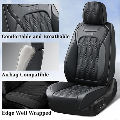 Coverado Car Seat Cover, Black Luxury Seat Cover for Cars, Premium Nappa Leather Seat Covers Full Set with Embossed Pattern, Waterproof Car Seat Protector Car Seat Cushions Universal Fit Most Vehicle - Image 4