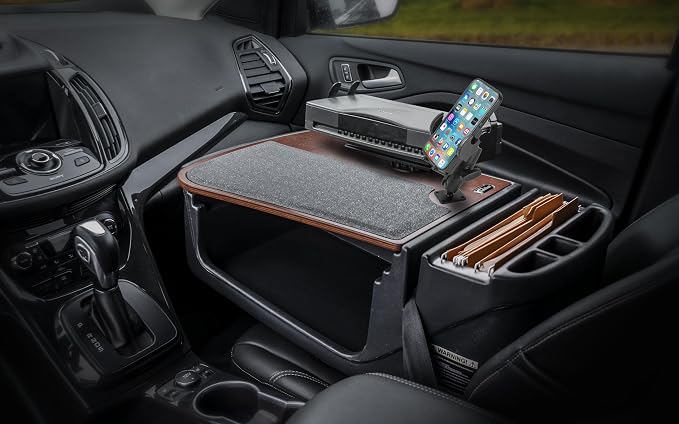 AutoExec Efficiency GripMaster Car Desk for Your Vehicle Workstation and Mobile Office, Mahogany with 400 watt Power Inverter, Printer Stand and Phone Mount - Image 2