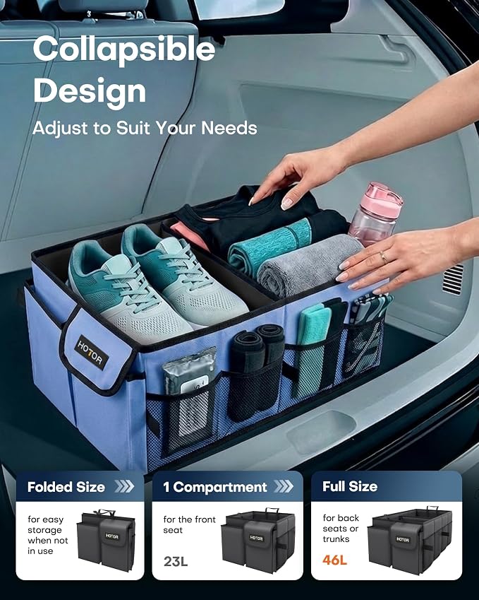 HOTOR Trunk Organizer - Foldable Car Organizer for SUVs & Sedans Storage | Sturdy Car Organization for Men & Women, Car Accessories, Tools, Sundries, Blue, 2 Compartments, 23.6" x 14.2" x 10.6" - Image 5