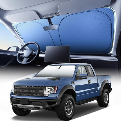 Titanium Silver Windshield Sun Shade for Ford F150 2021-2025 | Ice Blue Reflective Layer, UPF 50+ UV and Heat Blocking, Foldable, Hot-Weather Interior Protection, for Cars, SUVs and Trucks by AUTOWOEL