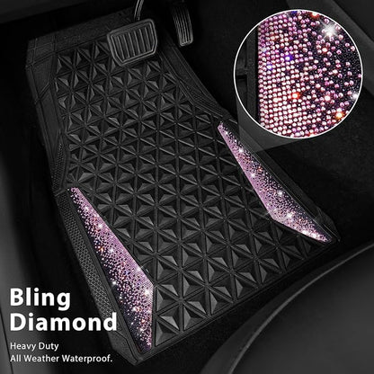 CAR PASS Bling Rubber Car Mats Diamond Floor Mats Full Set Anti-Slip 3D Rhombus Waterproof Universal Trim to Fit Liner Glitter Crystal Sparkly Shining Rhinestone Girl Women SUV Sedan Van, Black Pink - Image 2
