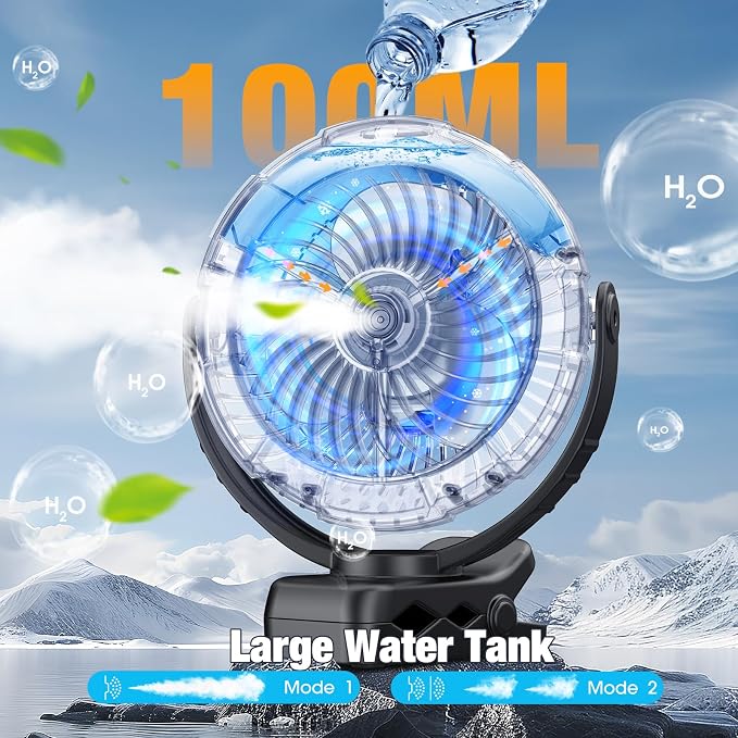 Ausic Portable Misting Golf Cart Fan, Clip on Fans, Max 45H Runtime, 100ml Camping Stroller Fan with Ligth, 360° Rotate Cooling Spray, Outdoor Rechargeable Battery Fans for Travel/Home/Beach - Image 2