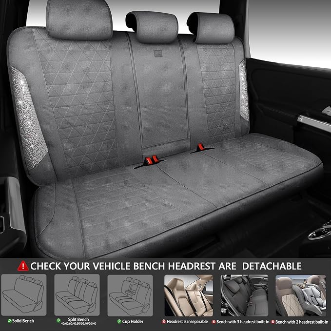 CAR PASS Gray Oxford Bling Diamond Car Seat Covers Full Set Interior Sets, Waterproof Shining Glitter Sparkly Crystal Universal Armrest Fit 95% Automotive Truck SUV Cute Women Girl, Gray Rhinestone - Image 5