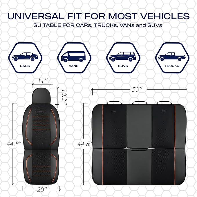 Skechers Air-Cooled Memory Foam Seat Covers,Mesh Thick Car Seat Covers,Piping Leather Car Seat Cover,Airbag Compatible,Automotive Comfort for Most Cars, Vans, Trucks, SUV(Orange, Full Set) - Image 6